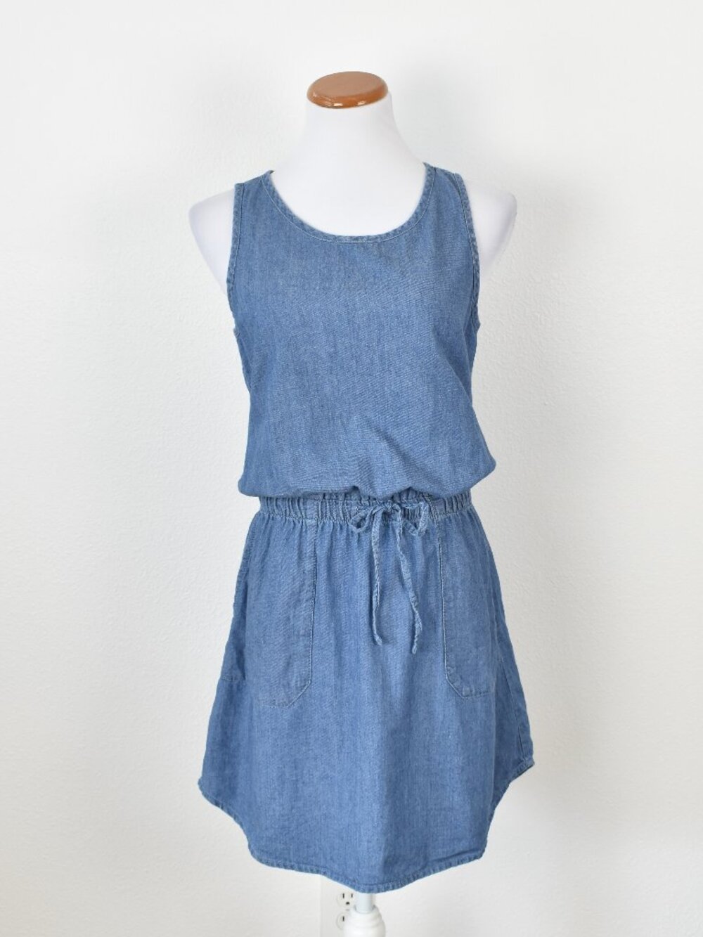PACT Chambray Sleeveless Drawstring Mini Tank Dress - M